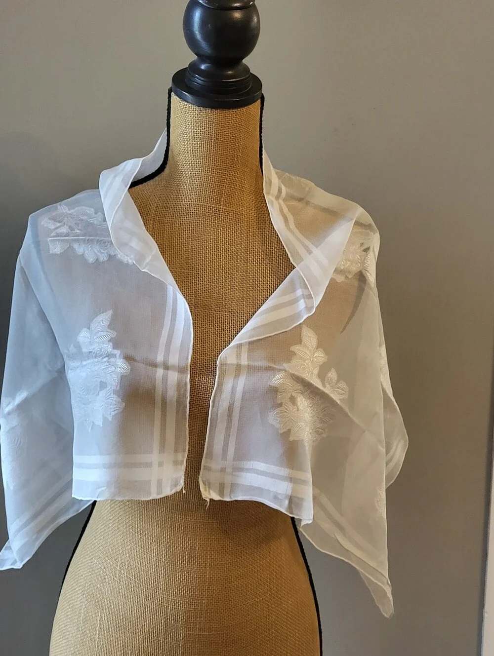 Jacquard 60s Rayon White Sheer Floral Scarf Hand Rolled Hems Japan